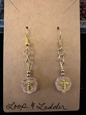 Gold Bee Dangle Earrings in Pale Pink